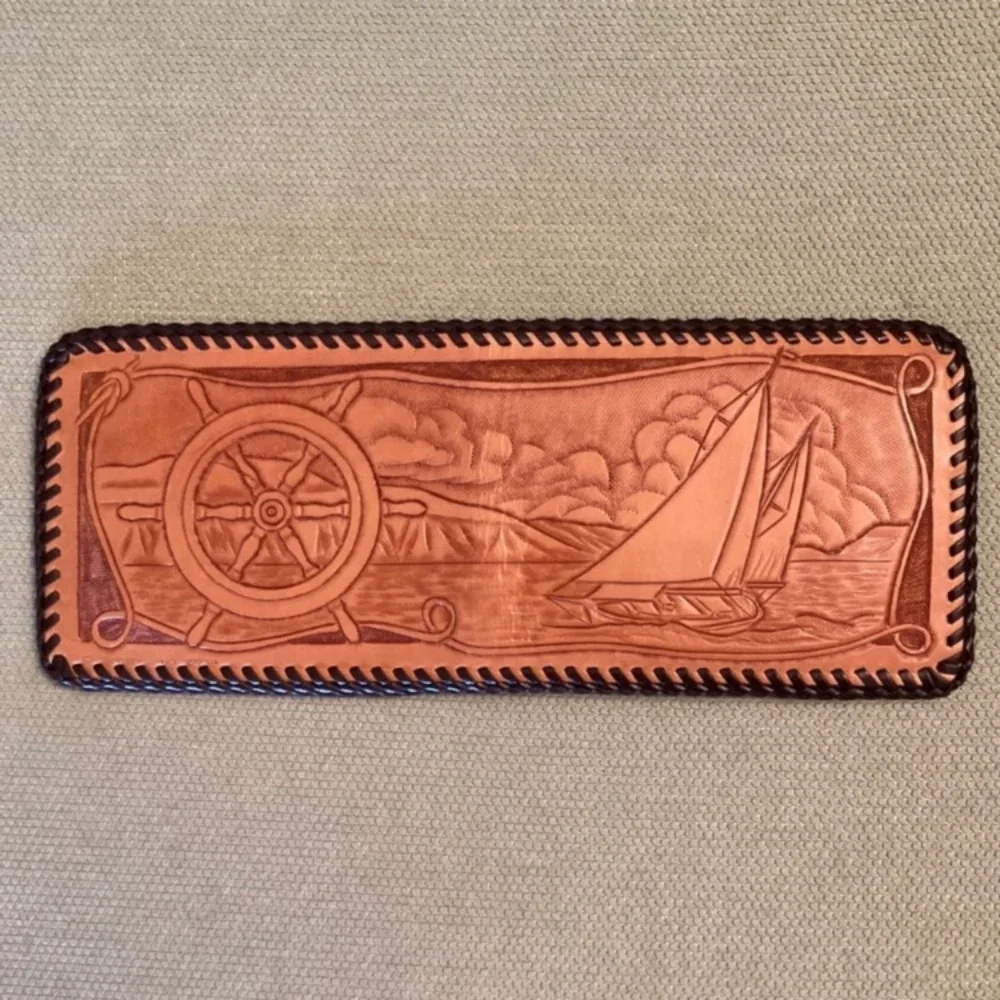 Unused vintage 50s 60s wallet billfold, embossed leather with sailboat and wheel
